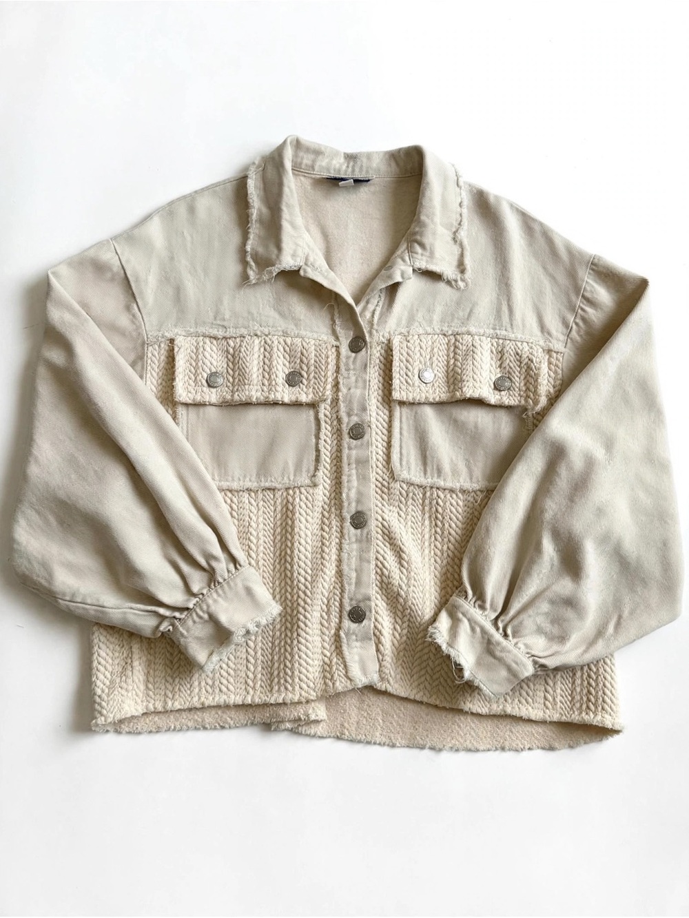 She + Sky Cream Knit-Panel Jean Jacket